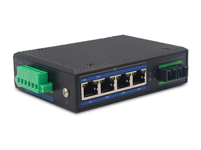 high speed 4 rj45 ports 1 fiber ports industrial fiber switch ip40 protection industrial networking media converter 4