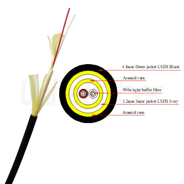 Indoor/Outdoor Tight Buffer Fiber Optic Drop Cable 4.5mm SM G657A1 1 Core Aramid Yarn Double Jacket LSZH