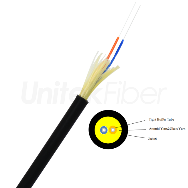 Indoor/Outdoor Tight Buffer Optic Fiber Drop Cable 4.5mm SM G657A1 2F Aramid Yarn Single Jacket LSZH-OFNR